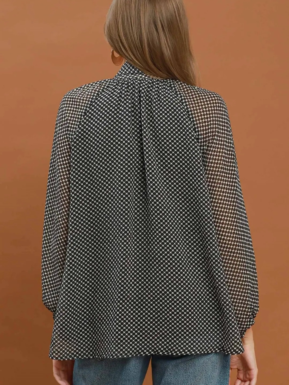 Women's Black & White Geometric Tie-Neck Blouse - Picture 5 of 6
